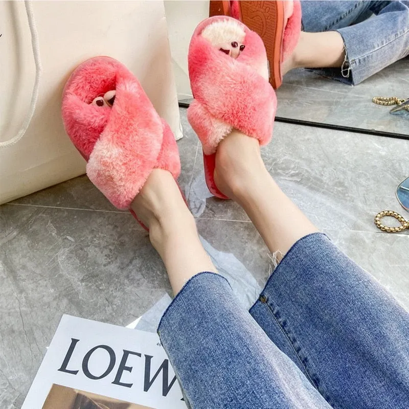 Newest Mixed Colors Fluffy Slippers Autumn Winter Home Slippers Women Furry Fur Slides Outdoor Women's Sandals 2021 Flip Flops