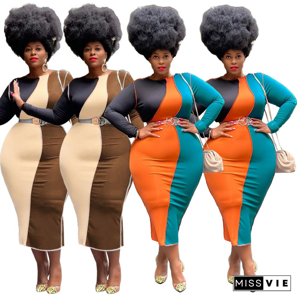 Plus Size Color Block O-Neck Bodycon Pencil Dress