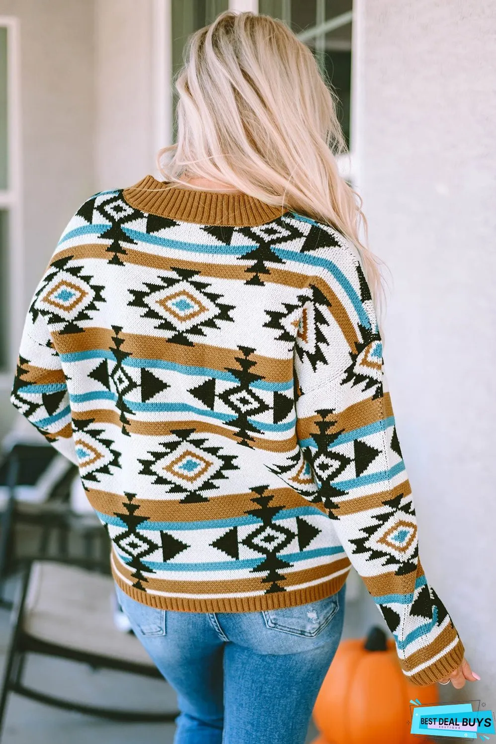 Aztec Striped Knit Ribbed Trim Sweater