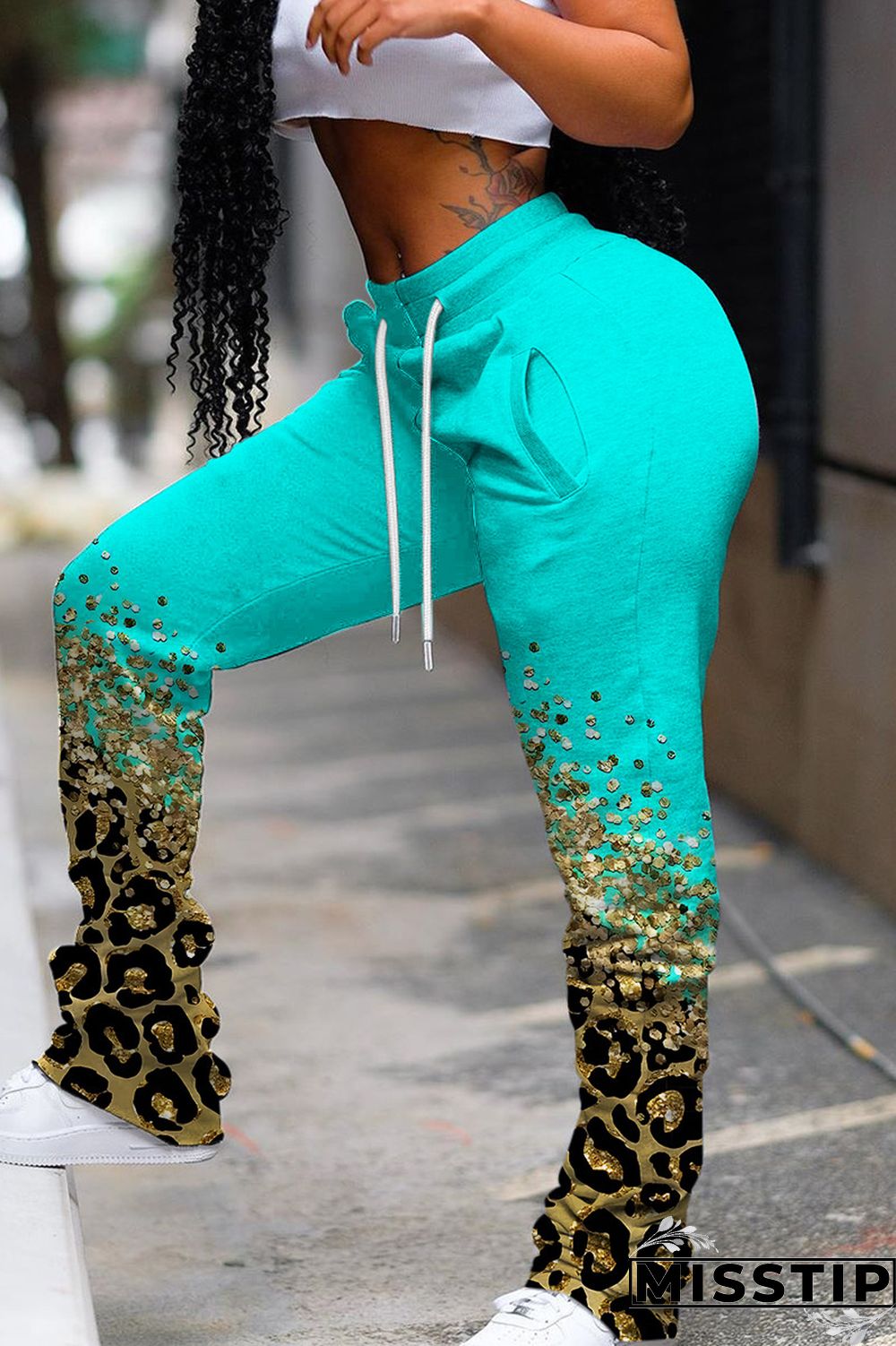 Cyan Casual Print Fold Regular Mid Waist Conventional Full Print Trousers