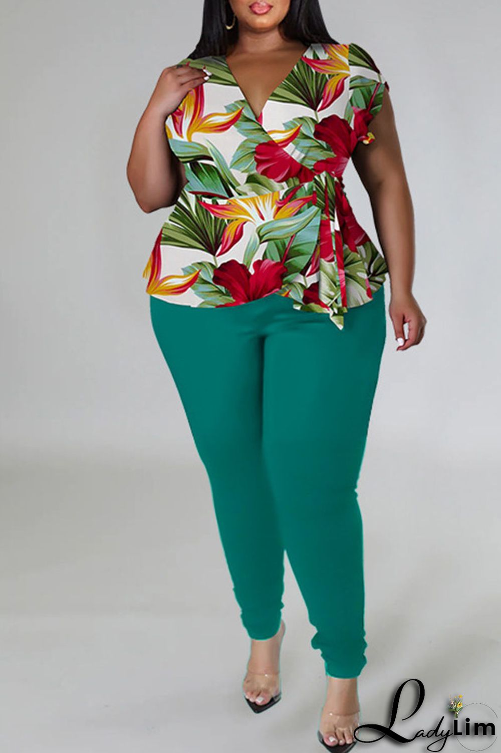 Red Casual Print Bandage Patchwork V Neck Plus Size Two Pieces