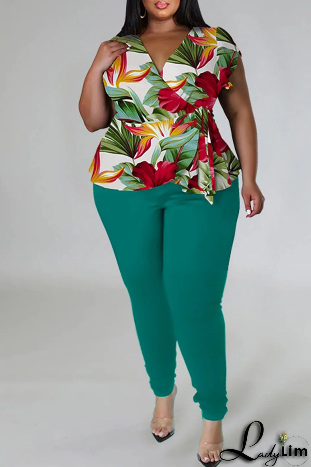 Red Casual Print Bandage Patchwork V Neck Plus Size Two Pieces