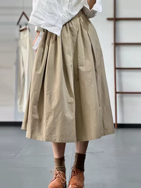 Pleated Detail Solid Color A-Line Midi Skirt