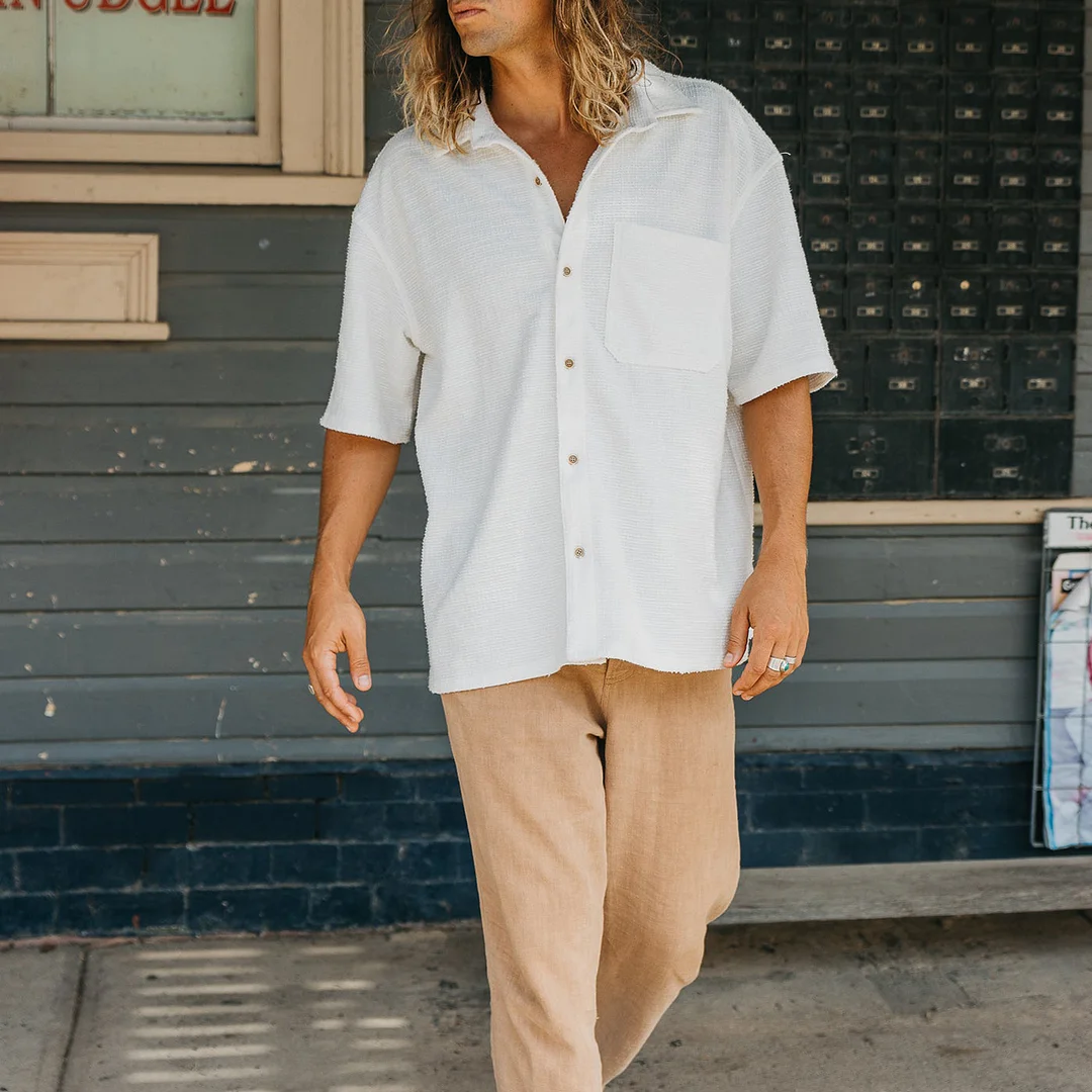 Men's Vintage Casual Textured Short Sleeve Stripe Shirt-inspireuse