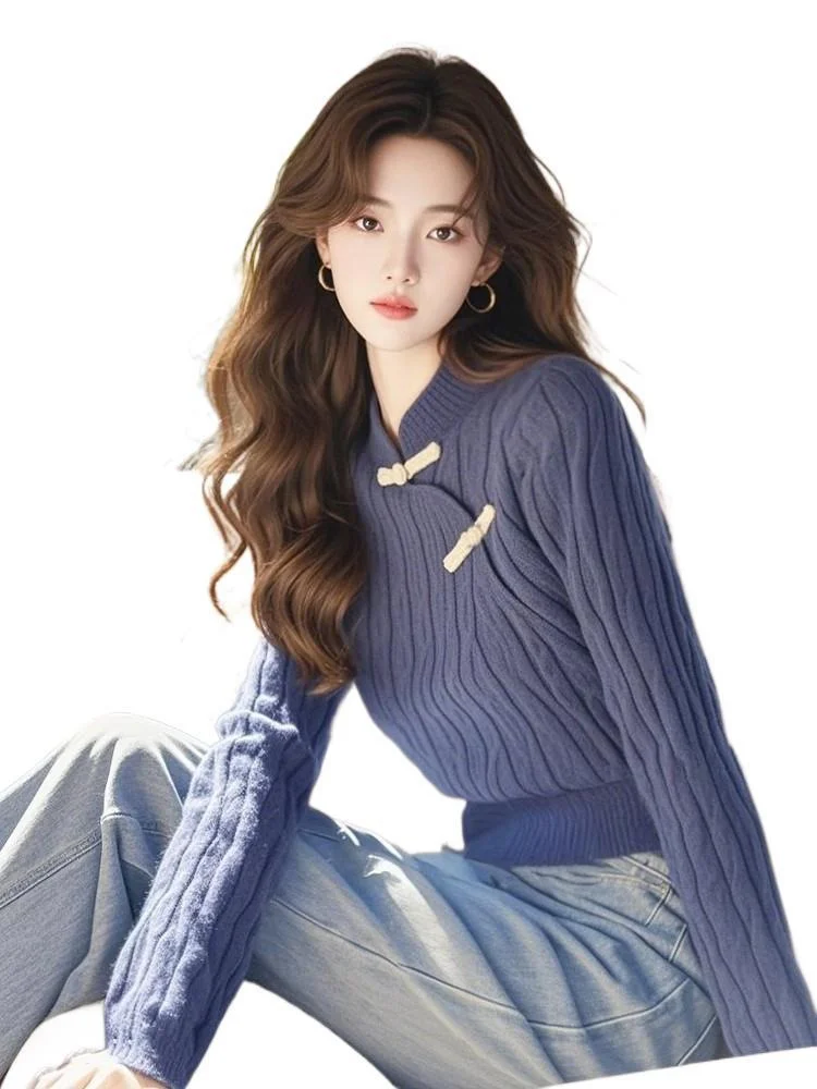Athvotar Athvotar Chinese Style Blue Retro Collared Knitted Bottom Shirt 2025 Autumn And Winter New Chic Long-Sleeved Top
