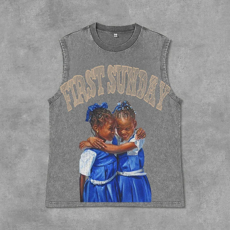 Retro First Sunday Faith Graphic Print Acid Washed Tank Top