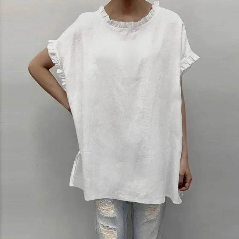 ZANZEA Fashion Women O Neck Short Sleeve Solid Shirt Elegant Ruffles Blouse Summer Tops Tunic Loose Casual Chemise Work Blusas