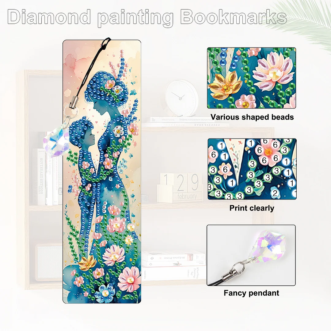 4Pcs Flowers and Parents DIY Diamond Bookmark Art Projects Irregular Shaped Diamonds Diamond Painting Art Bookmarks with Crystal Pendants for DIY Making Beginners Adult Art Craft Supplies