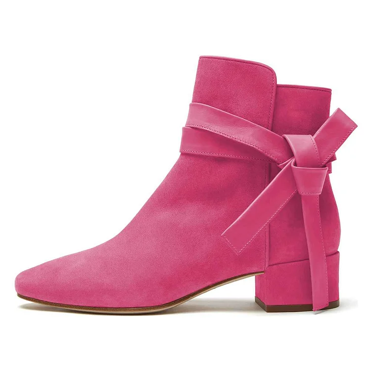 Pink Vegan Suede Boots Bow Chunky Heel Ankle Boots |FSJ Shoes
