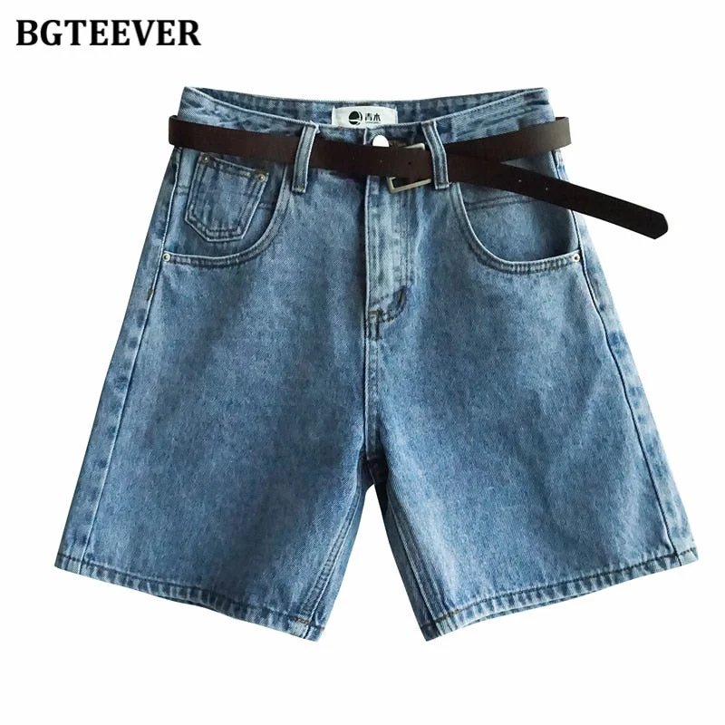 BGTEEVER Fashion Summer Half Women Denim Shorts High Waist Belted Loose Female Short Jeans 2021 Streetwear