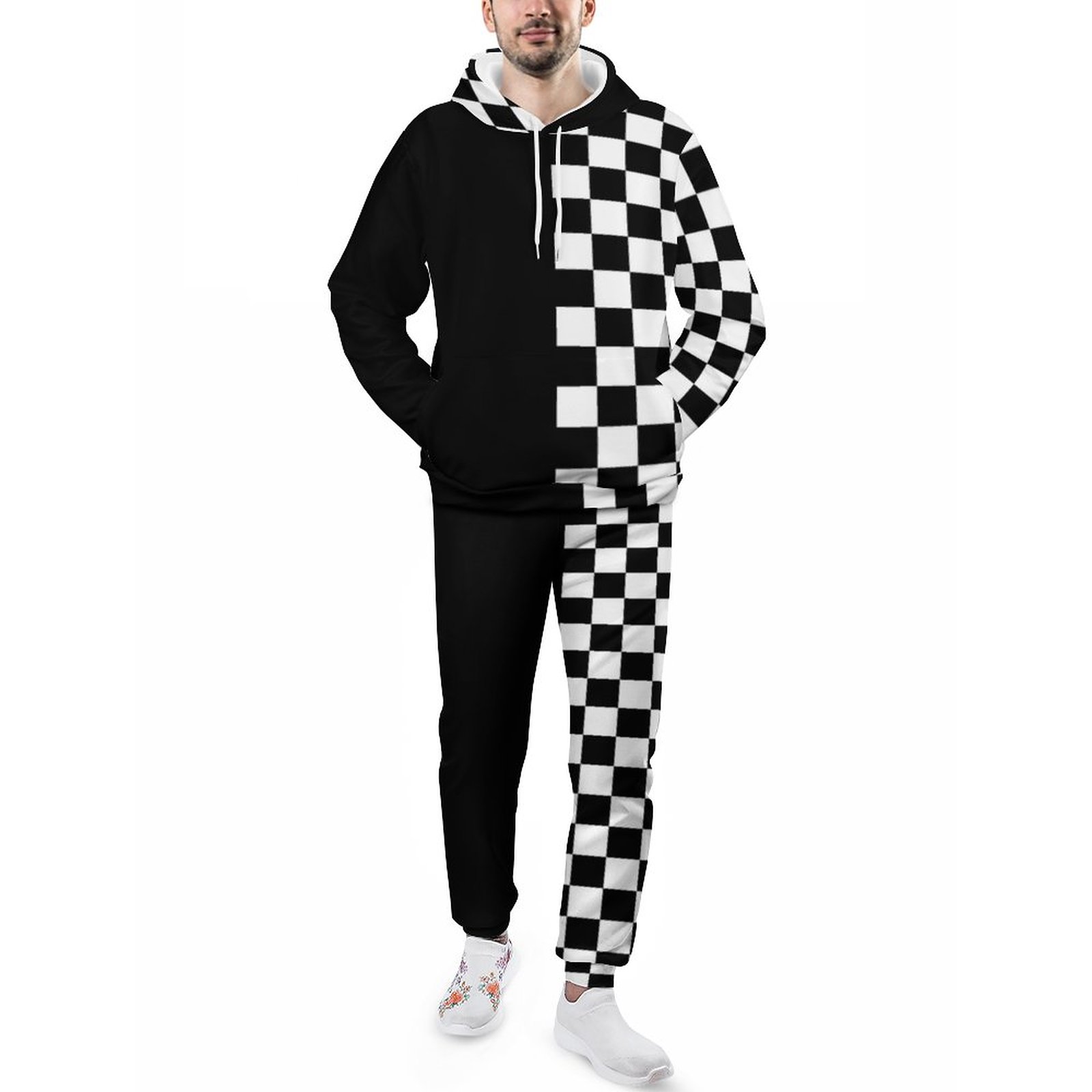 Cool Black And White Checkered Flag Pattern Men's Sweatsuits Set Guys Casual Athletic Pullover And Sweatpants Suit Outfit