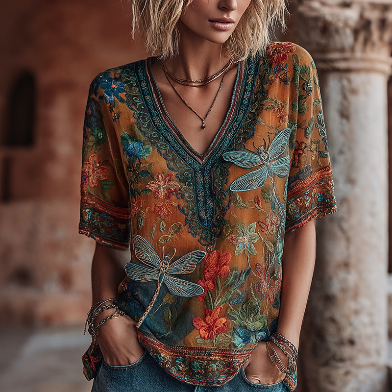 Women's Dragonfly And Floral Art Print V Neck Linen Blend Short Sleeve Tops elevenforest