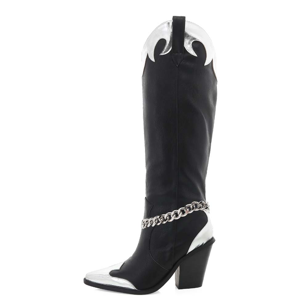 Black & Silver Snip Toe Metal Chain Decor Heeled Knee Cowgirl Boots