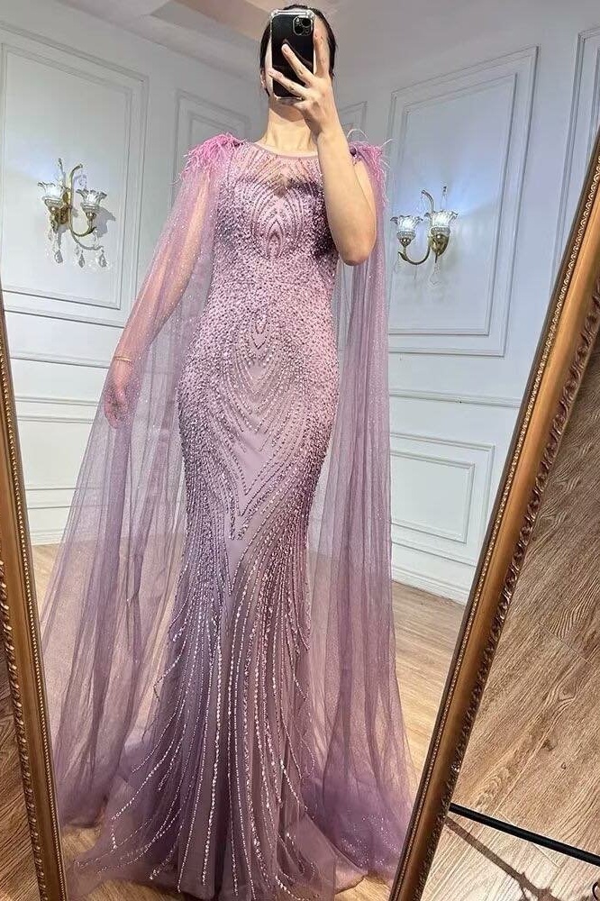  Elegant Cape Sleeves Mermaid Evening Dress Beaded with Feathers - ohprom