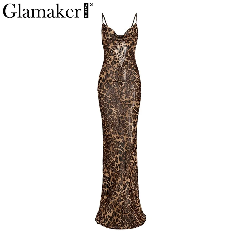 Glamaker Leopard print lace up women maxi dress summer sexy beach party dress Female slim backless long sundress retro vestidos