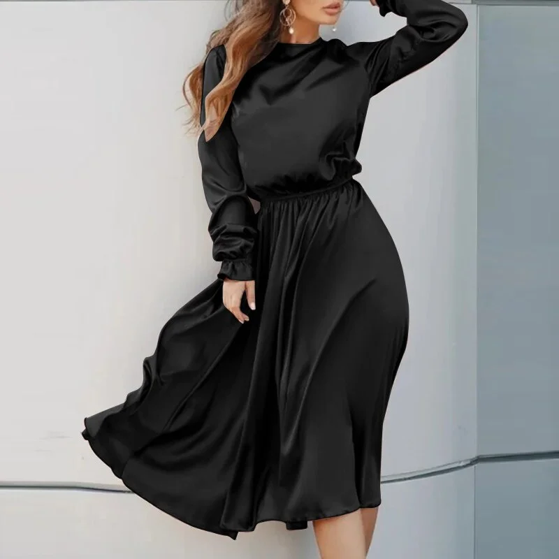 Jangj ZANZEA 2022 Fashion Elegant Long Sleeve High Waist Satin Dress Women Spring Casual Midi Vestidos Kaftan Solid OL Work Sundress 7