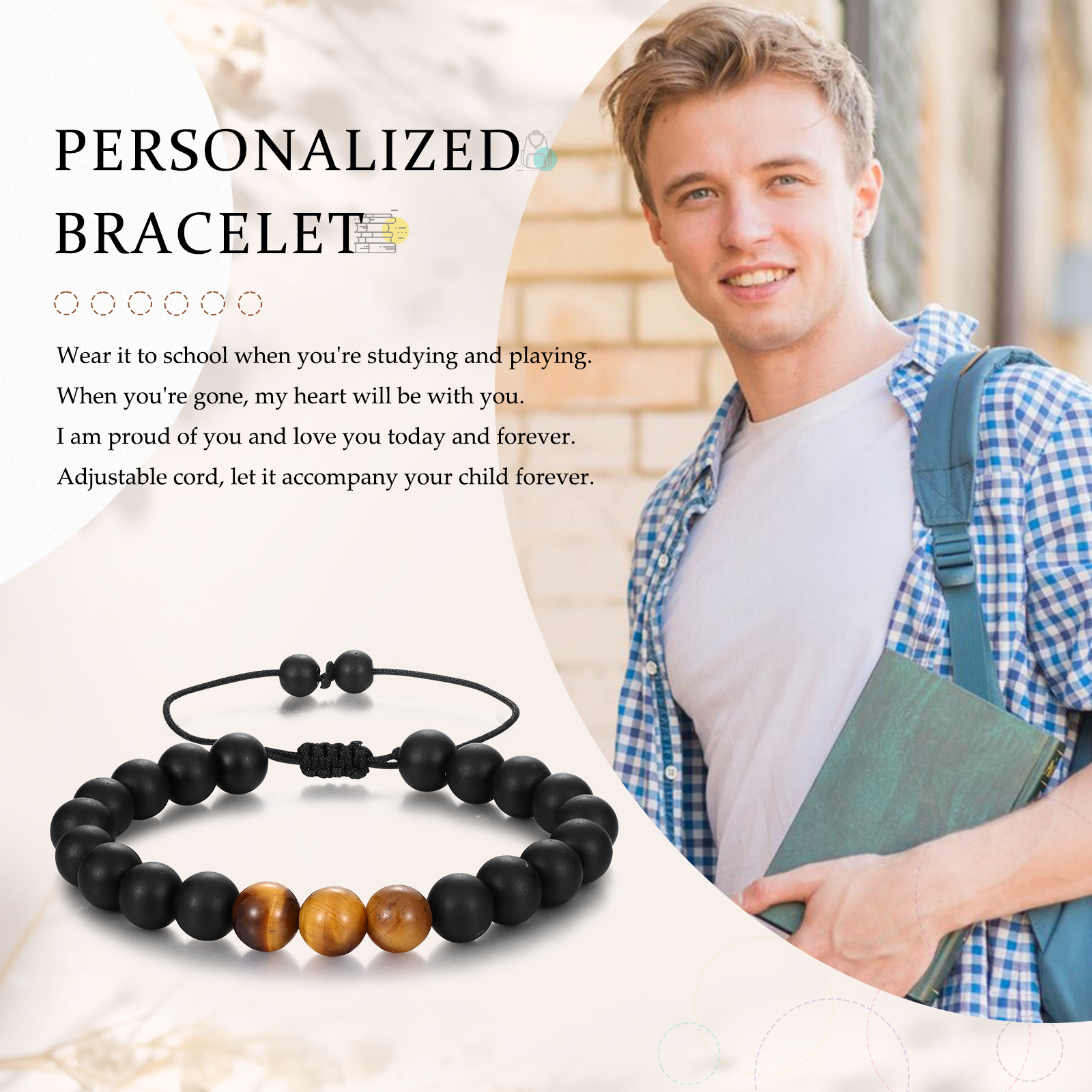Braccialetto pietre nere regolabile regalo per uomo/ragazzo