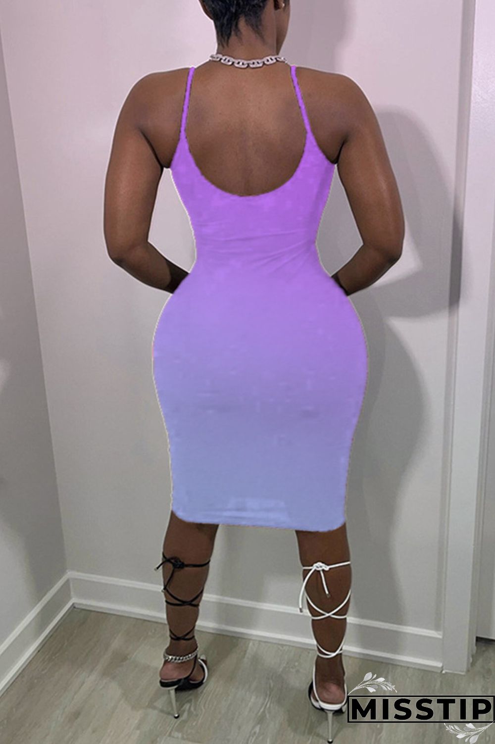 Pink Sexy Casual Gradual Change Print Backless Spaghetti Strap Sleeveless Dress
