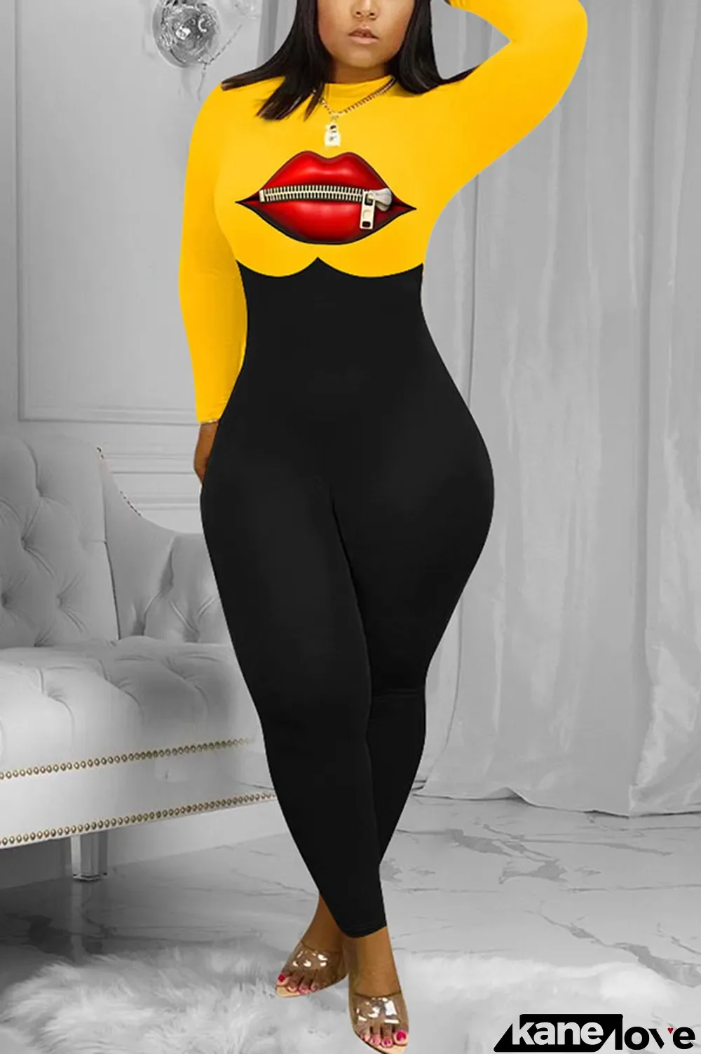 Yellow Fashion street Print Lip Milk. Long Sleeve O Neck Jumpsuits