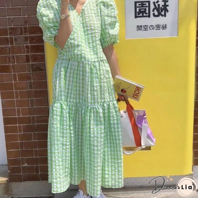 Christmas Gift Nomikuma Korean Fashion Plaid Dress Women V Neck Short Sleeve A Line maxi Dresses Robe Casual Sweet New Chic Vestidos Mujer