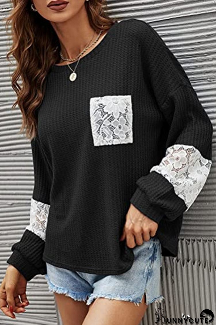 Casual Patchwork Lace Split Joint O Neck Tops