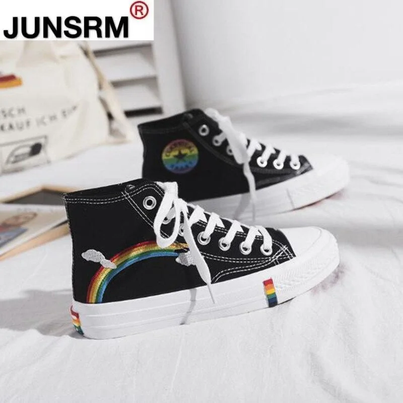 Women Fashion Vulcanized Shoes  Women Sneakers New Retro Rainbow Canvas Shoes Ladies Flat Fashion Comfort High Top Shoes