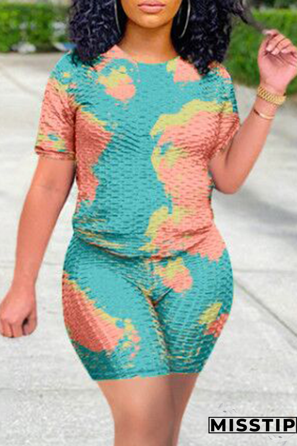 Pink Casual Patchwork Tie-dye O Neck Short Sleeve Two Pieces
