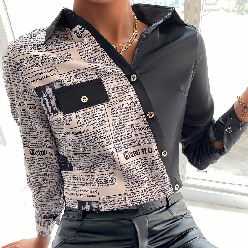 Fashion Retro Print Stitching Bottoming Shirt Women Letter long Sleeved Office Lady Shirts Summer Casual Elegant Top Female