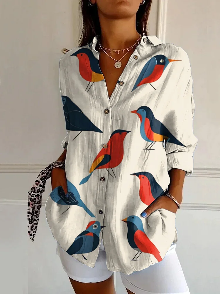 Vintage Bird Art Print Casual Long Sleeve Shirt