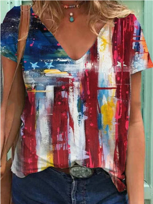 Women Printed Short Sleeved V-neck T-shirt