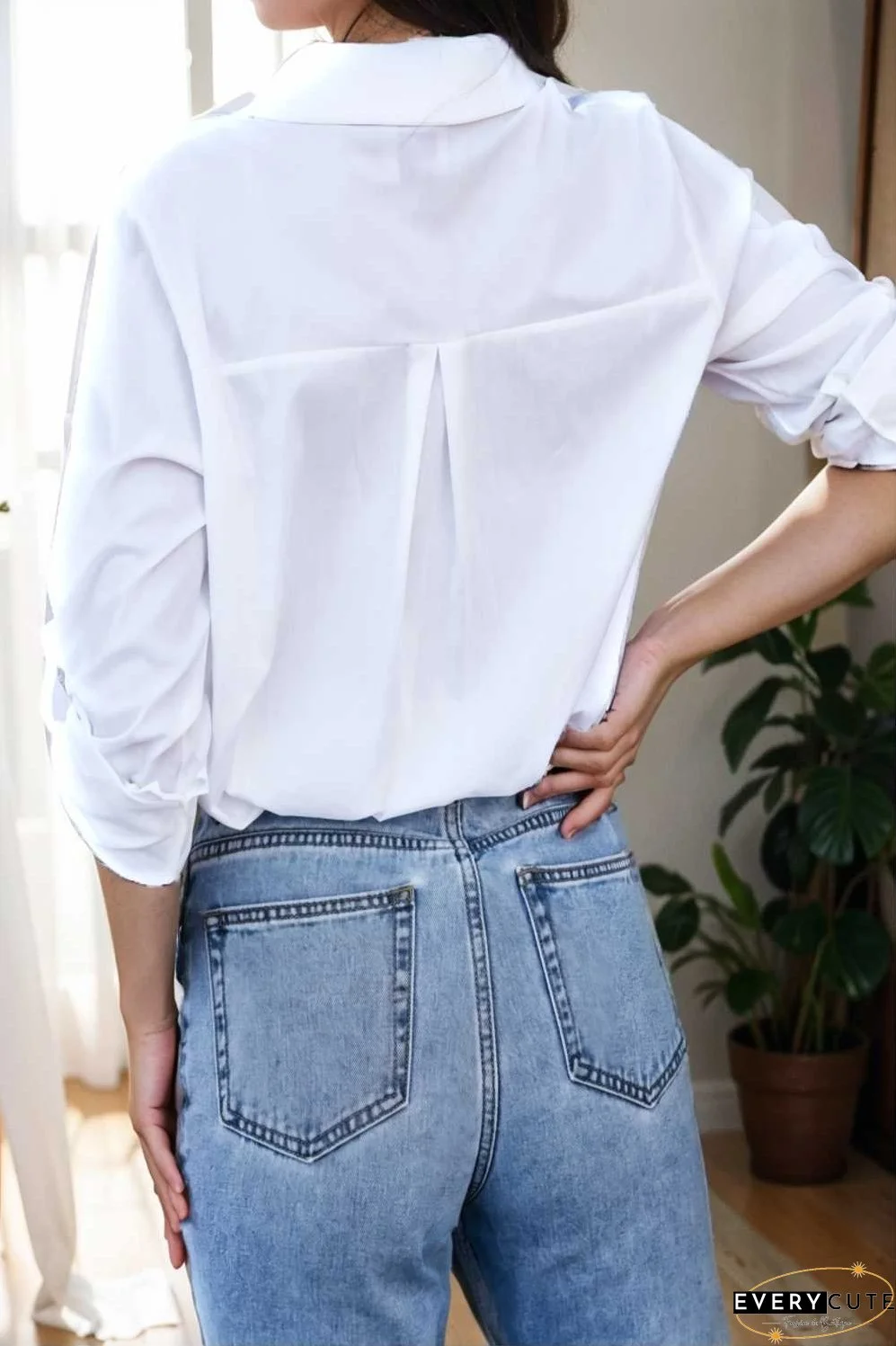 simple long sleeve v neck button blouses