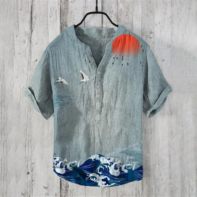 Men's Vintage Japanese Art V Neck Casual Linen Blend Shirt