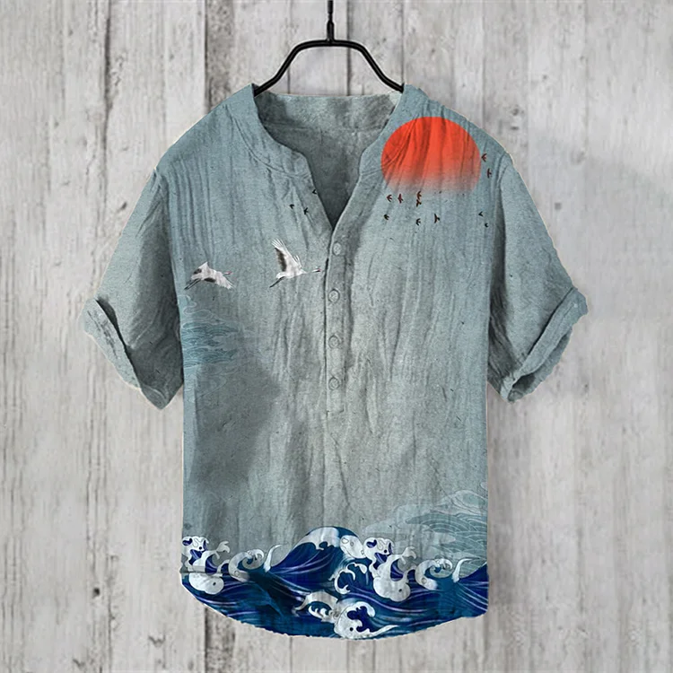 Wearshes Men's Vintage Japanese Art V Neck Casual Linen Blend Shirt