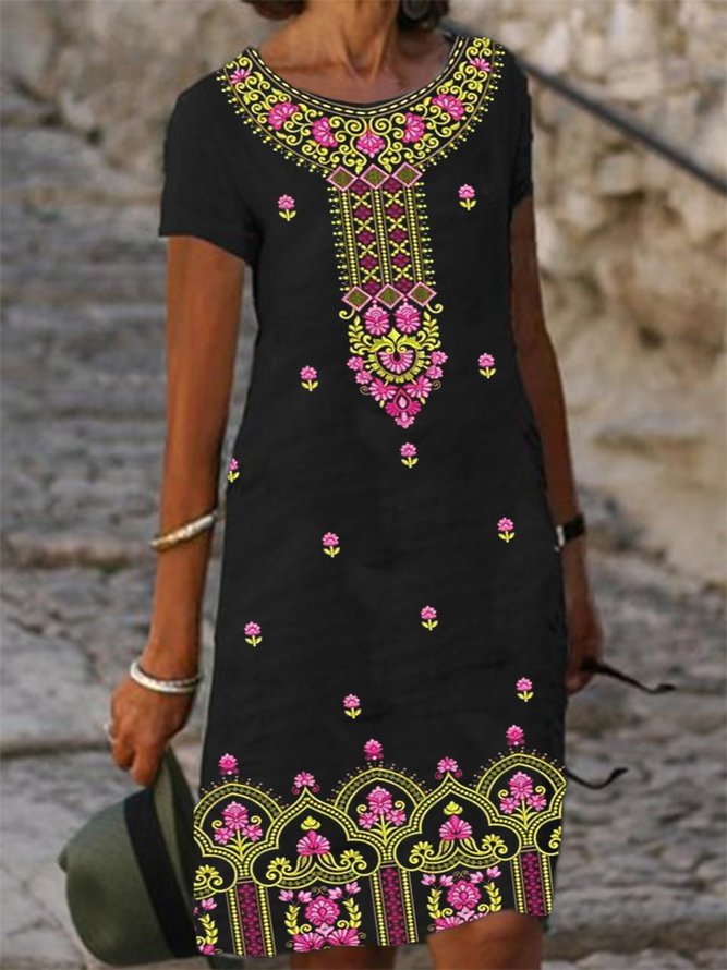 Casual Casual Vintage Tribal Print Short Sleeve Round Neck Knee-length Dresses D215- Fabulory
