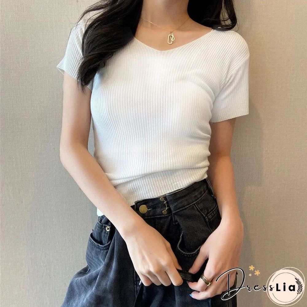 Christmas Gift Summer Short Sleeve Korean Style Sweater V-Neck Knitted Pullover Women Sweaters Basic Thin Tops Pull Femme Jumper