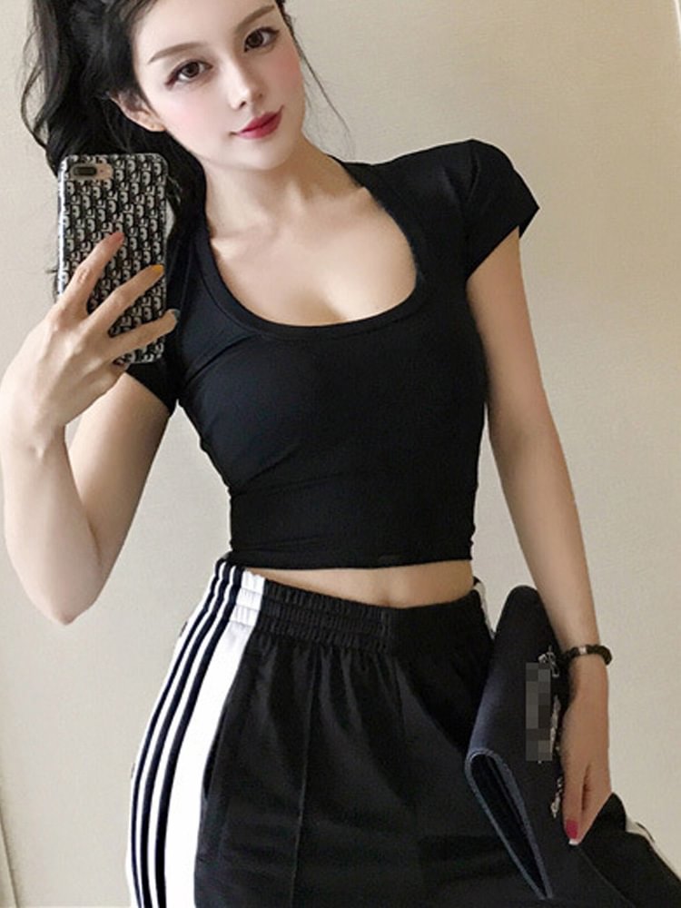 2022 Summer Slim Sports Vest Sexy Women Short Sleeve U-Neck Gray Tee Tank Tops Female Solid Black/White Korean Crop Tops Y2K - Life is Beautiful for You - SheChoic