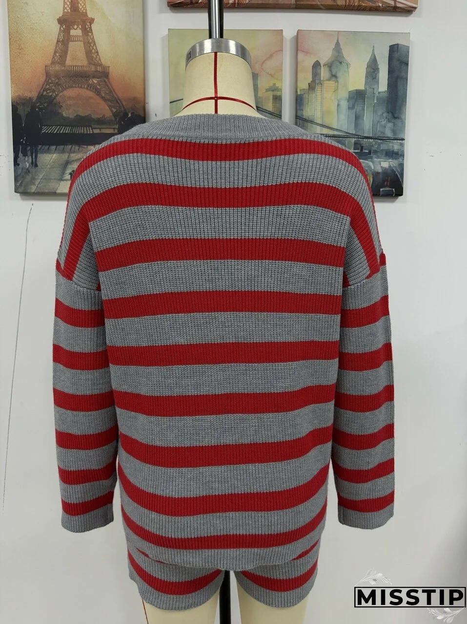 Women Stripe Patchwork Round Neck Casual Knitting Sweater and Shorts Two-piece Set