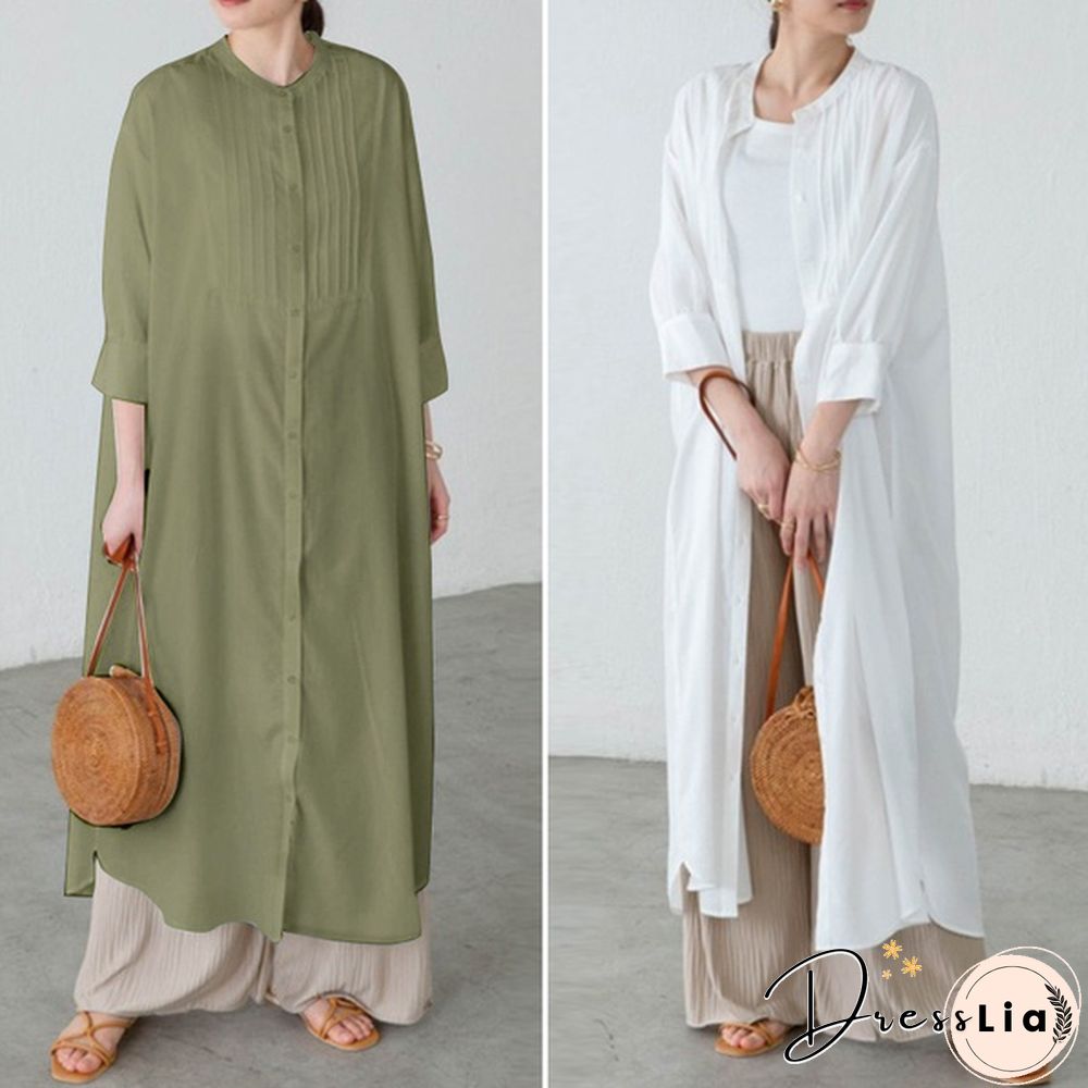 Ladies Spring Casual Kaftan Solid Sleeve Holiday Loose Top Pleated Long Dress Plus Size