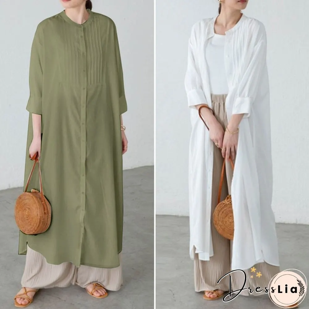 Ladies Spring Casual Kaftan Solid Sleeve Holiday Loose Top Pleated Long Dress Plus Size