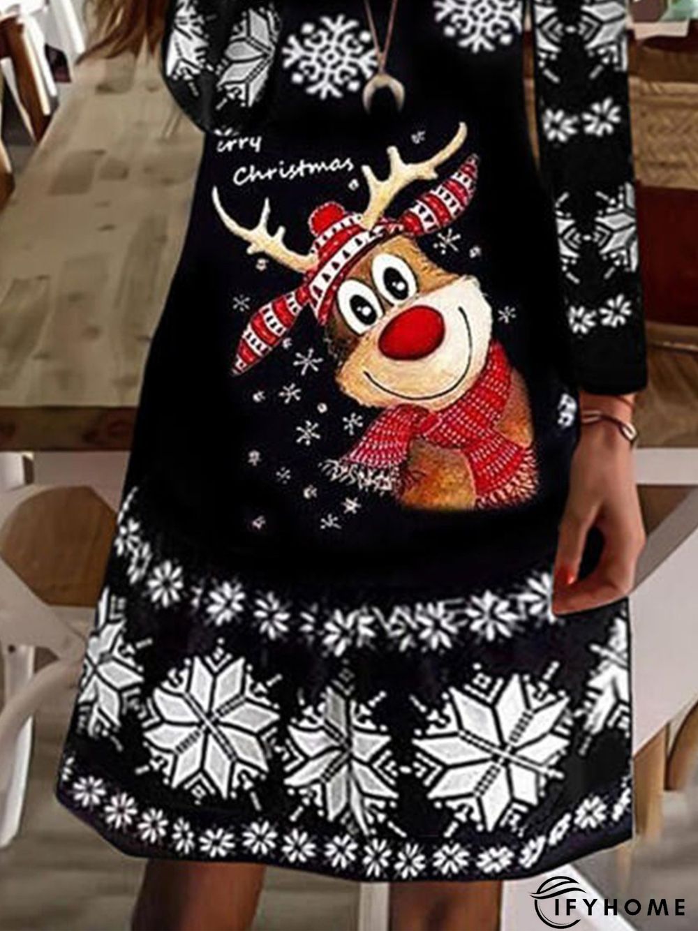 Vintage Christmas Snow Elk Long Sleeve V Neck Casual Knitting Dress Xmas Dress | IFYHOME