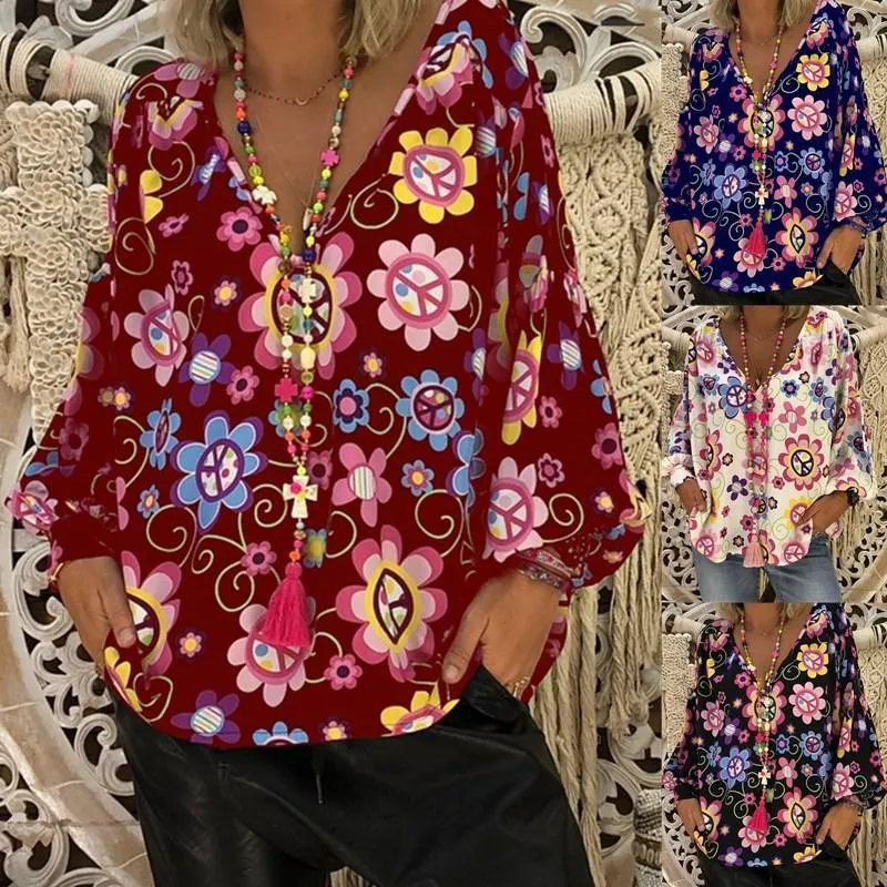 Women Loose Slim V-neck Print Puff Sleeve Long Sleeve T-shirt Tops