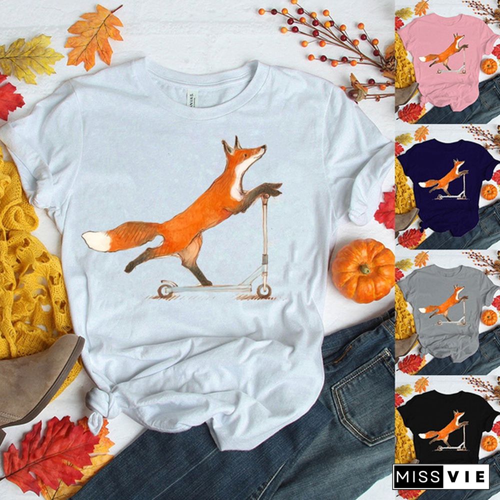 Cute Fox T-shirts For Women Summer Lovely Short Sleeve Casual T-shirts Funny Ladies Round Neck Tops