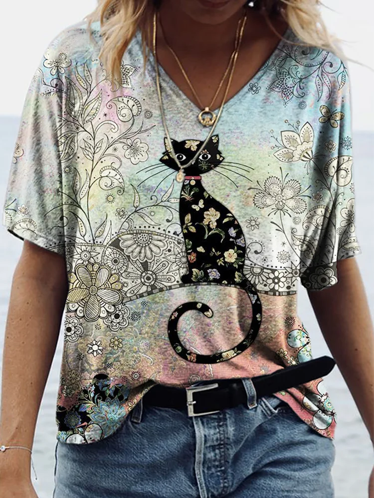 Comfy Floral Cat Print T Shirt