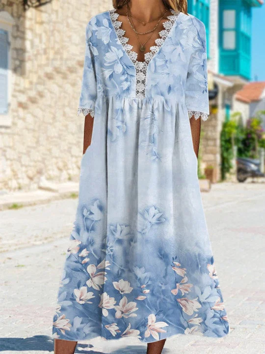 Women's Blue V-neck Half Sleeve Graphic Floral Printed Stitching Midi Dress