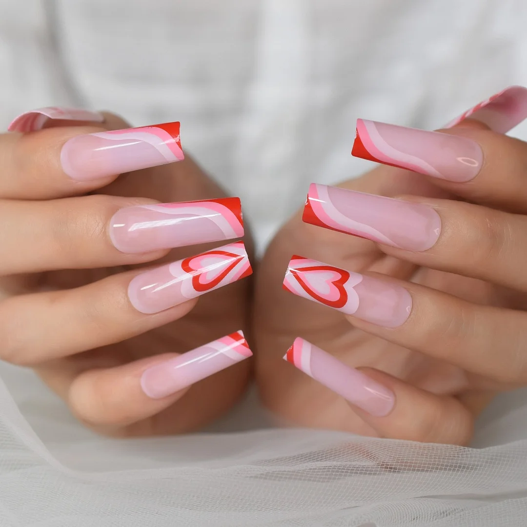 Pink Square Extra Long Faux Ongles Rose Heart Drawing Flat Top Fake Nails with Design Mix Color Tips 24-Nail Inspo