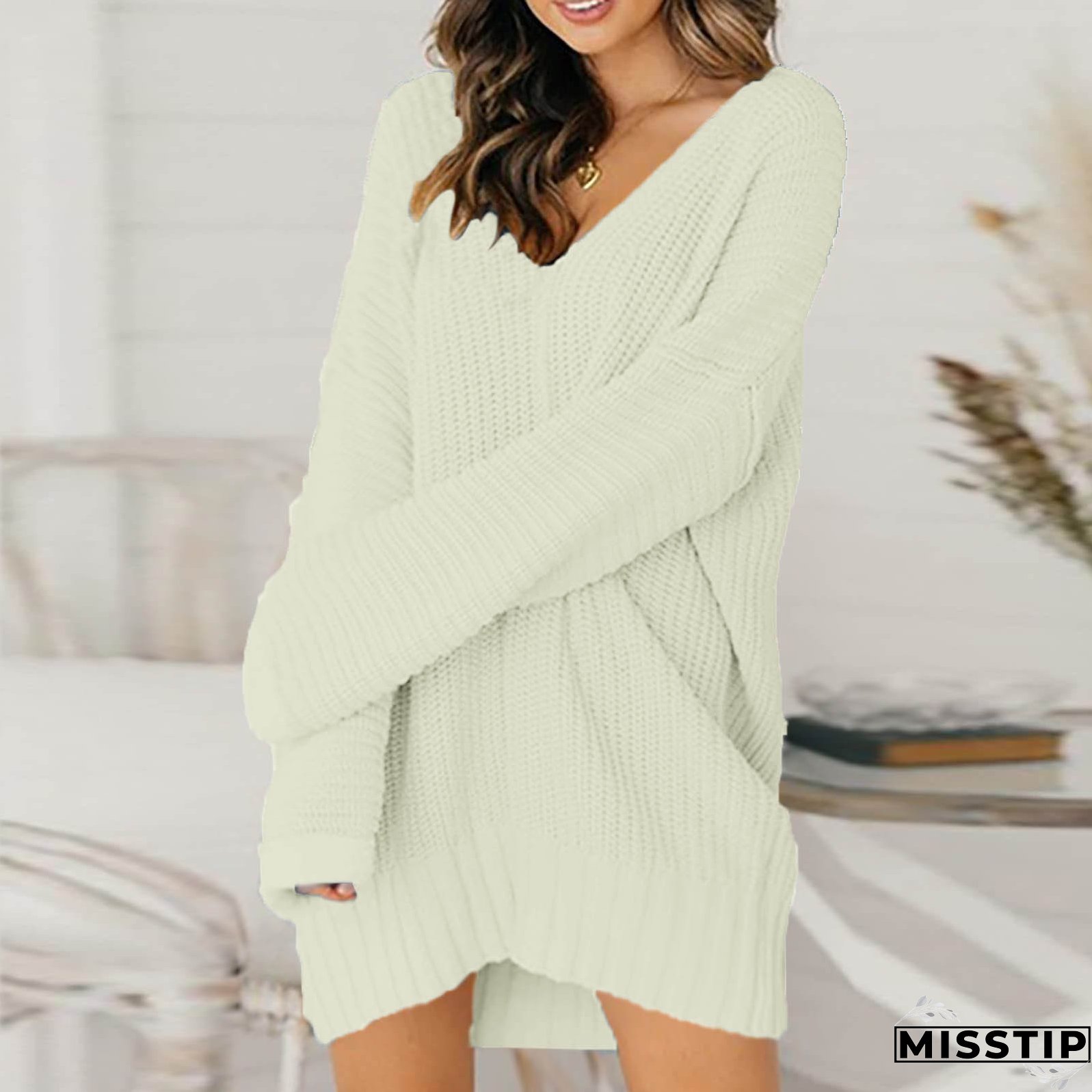 Fashion Loose V Neck Casual Solid Knit Sweater