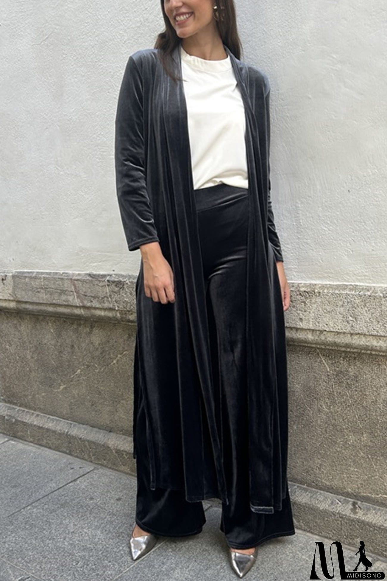 MidiSono - Velvet Slit Long Cardigan Two-piece Pants Suits