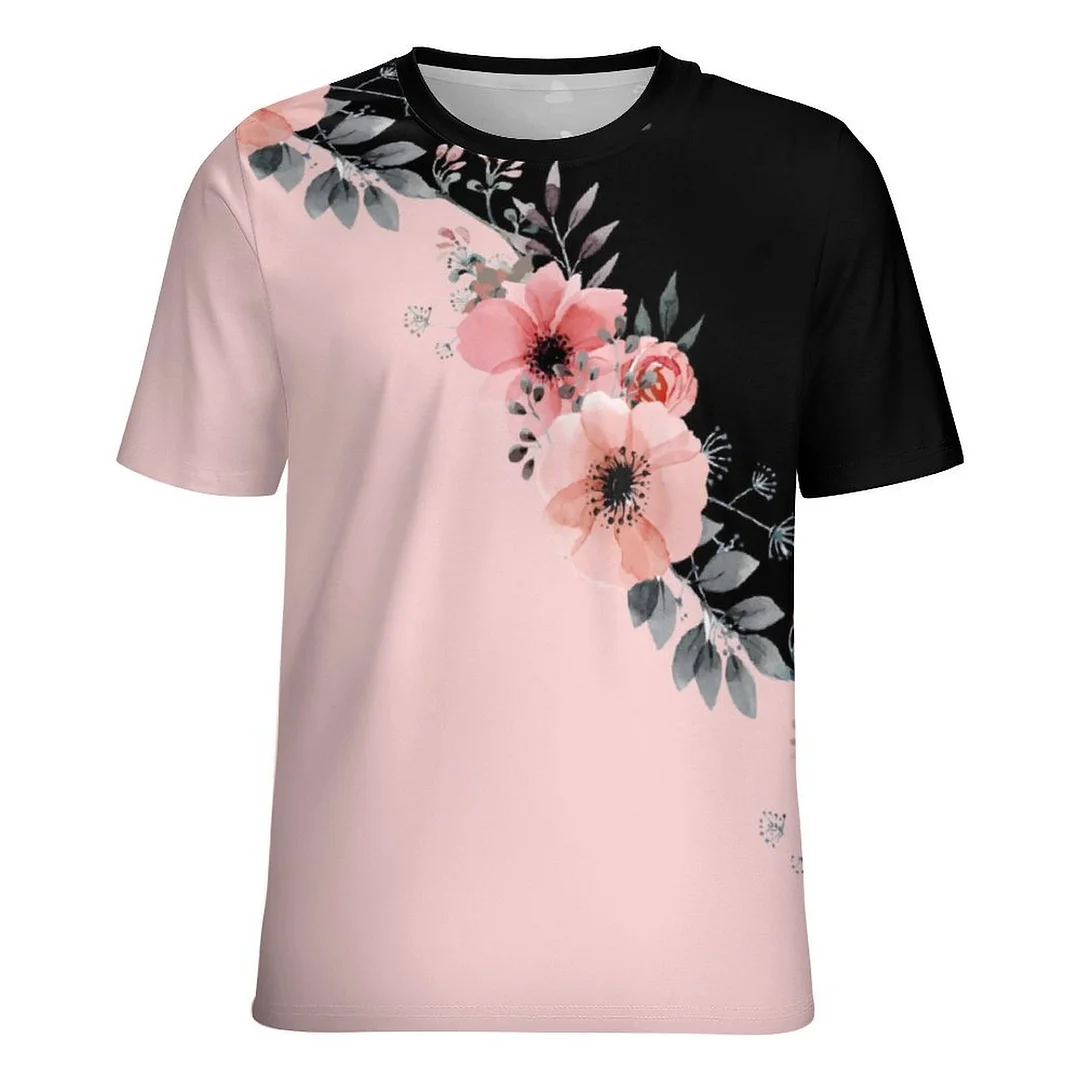 Women plus size clothing Full Printed Unisex Short Sleeve T-shirt for Men and Women Pattern Floral,Pink,Black-Nordswear