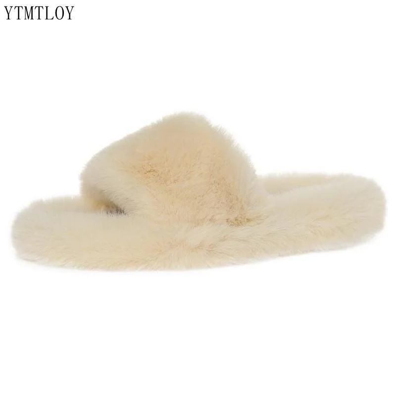 Home Slippers Women's Flat Shoes Female Lady Fur Flip Flops Slides 2022 Soft Plush Cotton Ytmtloy Indoor Winter Zapato Mujer