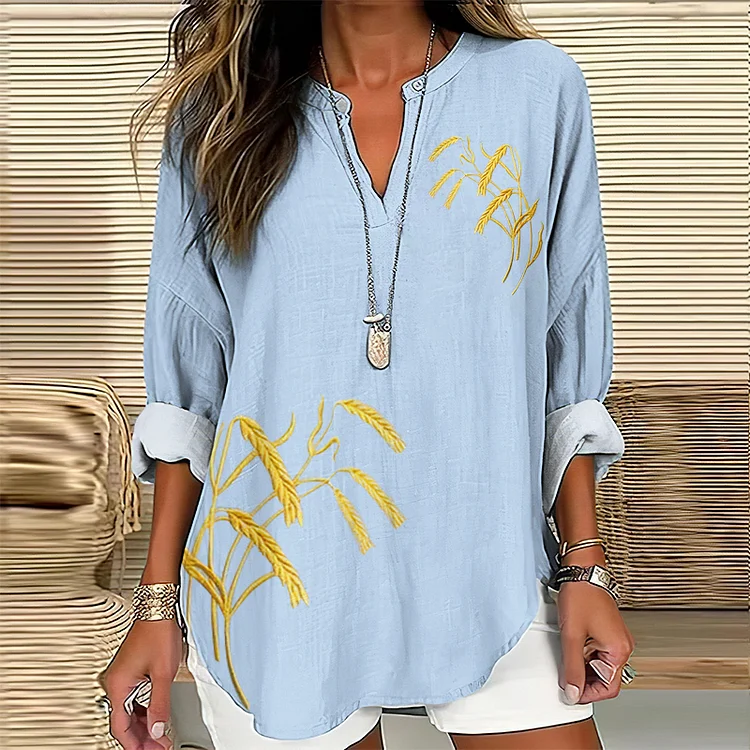 Lunivibe Women's Ukraine Embroidered V-neck Linen Blend Blouse